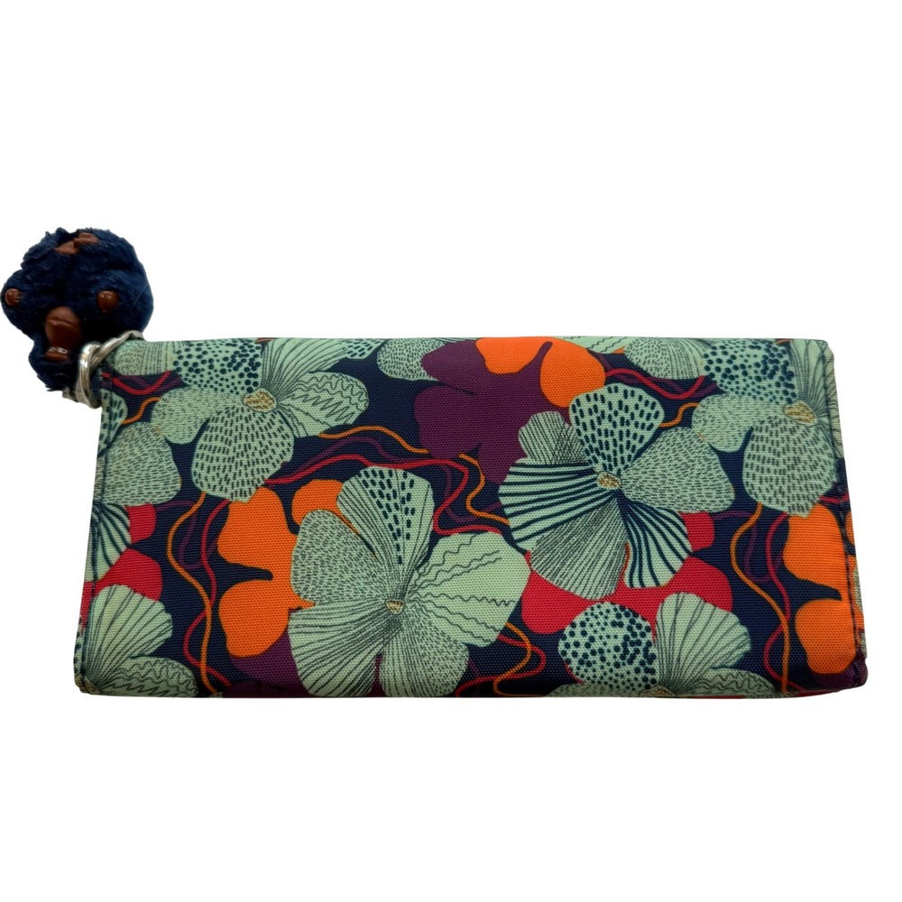 Kipling Floral Nylon Trifold Wallet Red Green Purple with Monkey Keychain - Picture 2 of 11
